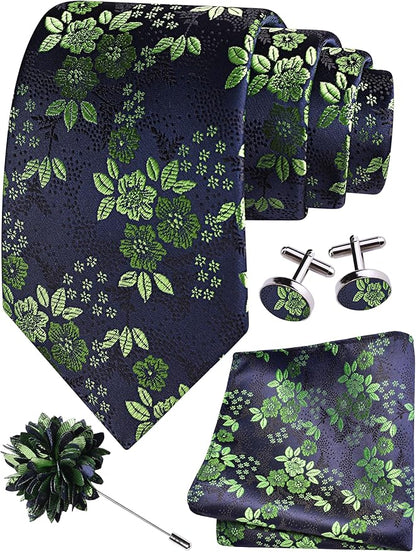 GUSLESON 3.15"（8cm） Mens Floral Tie and Lapel Pin Necktie Hankerchief Cufflinks Set for Men