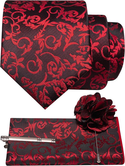JEMYGINS Mens Floral Tie and Lapel Pin Necktie Pocket Square and Tie Clip with Sets for Business Casual 4PCS