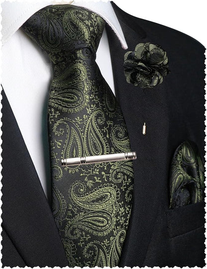 JEMYGINS Mens Paisley Tie and Lapel Pin Necktie Pocket Square and Tie Clip with Sets for Business Casual 4PCS
