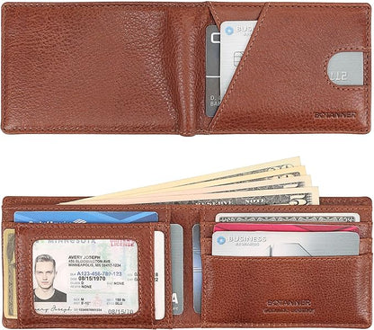 Genuine Leather Mens Bifold Wallet RFID Blocking 7 Credit Card Slots 1 ID Window 1 Section for Bills 2 Additional Slots | Tan