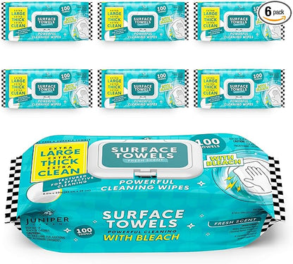 6 Packs Surface Wipes with Bleach, Thick & Large Dispose, All-Purpose Cleaner for Bathroom, Kitchen, Office, 600 Count Soft Flow, Biodegradable, Fresh Scent