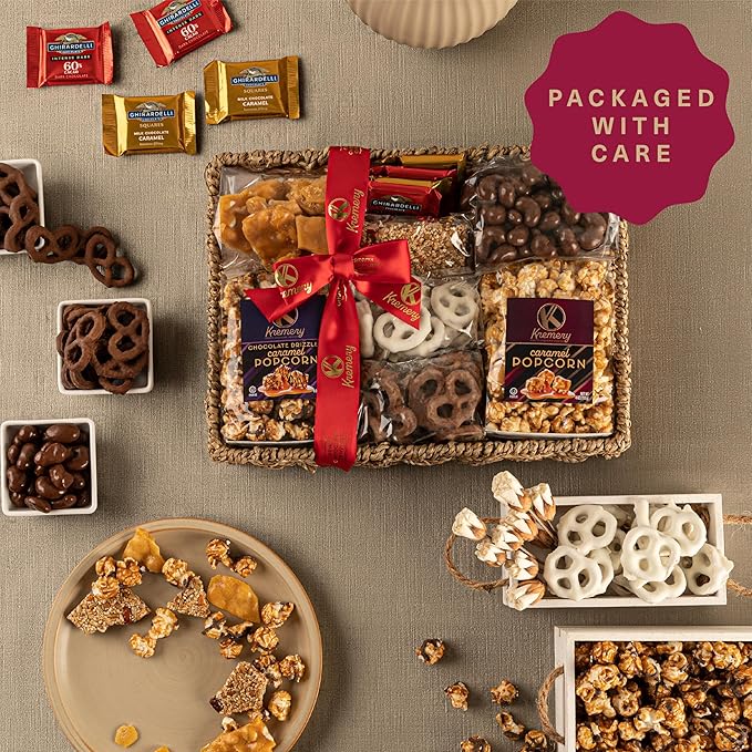 KREMERY Creamy Chocolate Cravings - Thanksgiving Chocolate Covered Pretzels & Caramel Popcorn Gift Basket, in Seagrass Tray + Ribbon (Premium, 2.5 lbs) Holiday Xmas Christmas