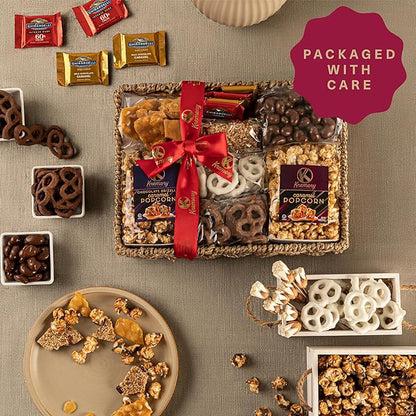 KREMERY Creamy Chocolate Cravings - Thanksgiving Chocolate Covered Pretzels & Caramel Popcorn Gift Basket, in Seagrass Tray + Ribbon (Premium, 2.5 lbs) Holiday Xmas Christmas