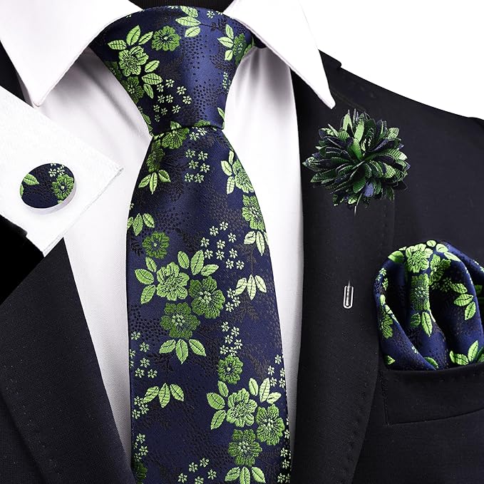 GUSLESON 3.15"（8cm） Mens Floral Tie and Lapel Pin Necktie Hankerchief Cufflinks Set for Men