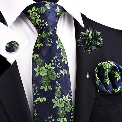 GUSLESON 3.15"（8cm） Mens Floral Tie and Lapel Pin Necktie Hankerchief Cufflinks Set for Men