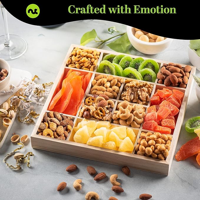NUT CRAVINGS Gourmet Collection - Happy Birthday Treats, Dried Fruit & Mixed Nuts Gift Basket with Bday Ribbon in Reusable Wooden Tray (12 Assortments) Food Arrangement, Healthy Snack Food Assortments