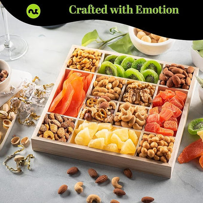 NUT CRAVINGS Gourmet Collection - Happy Birthday Treats, Dried Fruit & Mixed Nuts Gift Basket with Bday Ribbon in Reusable Wooden Tray (12 Assortments) Food Arrangement, Healthy Snack Food Assortments