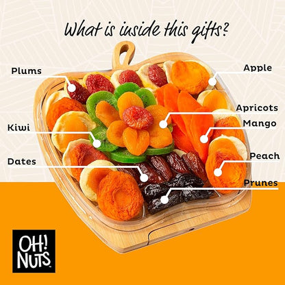 Oh! Nuts Dried Fruit Gift Basket - Gourmet Gift Baskets - Holiday Healthy Assortment Dried Fruits Gift Box - Crafted in the USA - Wooden Apple Shape Gift Tray - (Sunset Orange)