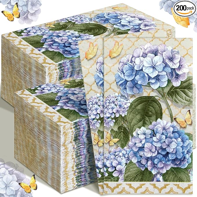 Karenhi 200 Pcs Hydrangea Guest Napkins 2 Ply Spring Paper Guest Towels for Bathroom Butterfly Disposable Hand Towels Blue Decorative Dinner Napkins Bridal Shower Napkins for Wedding Bathroom Party