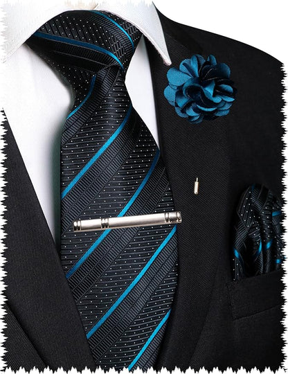 JEMYGINS Mens Striped Tie and Lapel Pin Necktie Pocket Square with Tie Clip Sets for Business Casual 4PCS