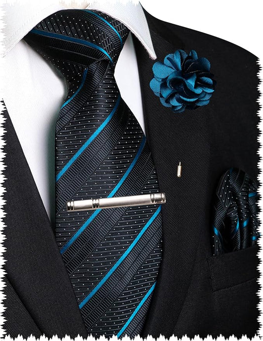 JEMYGINS Mens Striped Tie and Lapel Pin Necktie Pocket Square with Tie Clip Sets for Business Casual 4PCS