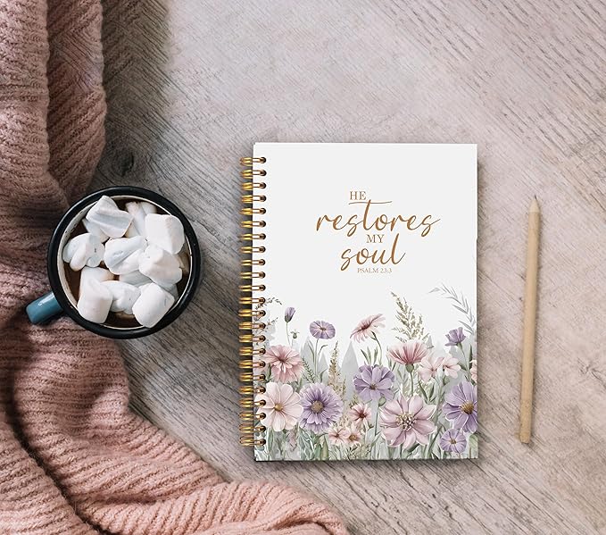 Christian Notebook for Women, Christian Art Gifts Journal, Prayer Journal for Women, Bible Journaling Notebook, PSALM 23:3 He Restores My Soul Floral Spiral Notebook 5.5x8.3
