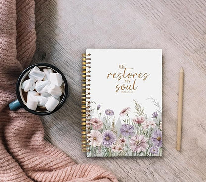 Christian Notebook for Women, Christian Art Gifts Journal, Prayer Journal for Women, Bible Journaling Notebook, PSALM 23:3 He Restores My Soul Floral Spiral Notebook 5.5x8.3
