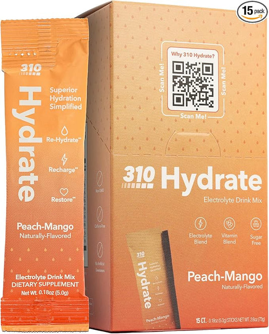 310 Nutrition Sugar Free Electrolytes Powder - Instant Hydration Packets for Daily Fluid Balance - Caffeine-Free Rehydration Drink Mix w/Vitamins, Low Calorie & Keto Friendly - Peach Mango 15 Singles