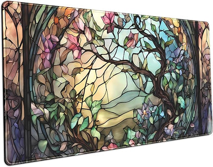 Stained Glass Tree Desk Mat Cartoon Tree Gaming Mouse Pad Large XXL Extended Desk Matt for Desktop, Laptop Computer Keyboard Mouse Mat for Women Office Decor Accessories Deskmat 31.5''x15.7''