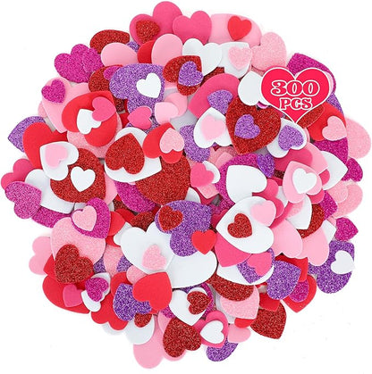 300 PCS Valentines Stickers, Heart Foam Valentine Decor, Self-Adhesive Heart Stickers, Glitter Matte Foam Hearts for Crafts Adults Valentine Stickers Wedding Birthday Cards DIY Crafts