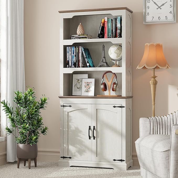 Tall Bookcase, 70 inch Height, 5-Tier Open Storage Shelf, 31.5 in Wide Standing Bookshelves for Home, Office, Bedroom, School, Library, 31.5W * 11.81D *70H (White Espresso, Wooden Door)