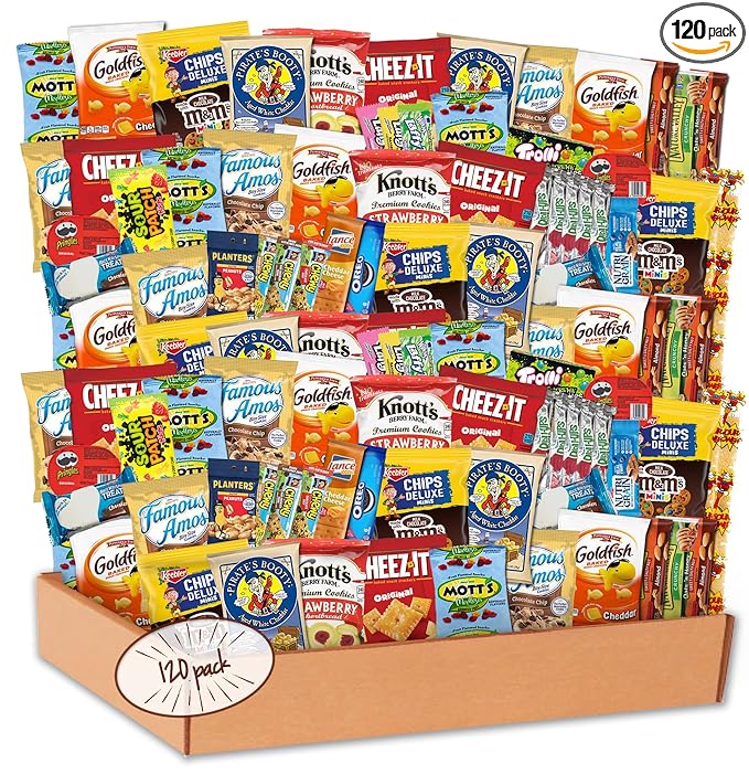 Snack Box Variety Pack (120 Count) - Snacks Variety Pack for Adults, Kids and Teens with Chips, Cookies & Bars - Care Package for College Students, Birthdays, Travel and Office