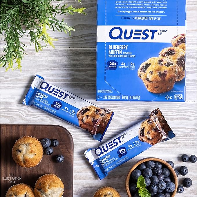 Quest Nutrition Blueberry Muffin Protein Bars, 20g Protein, 2g Sugar, 5g Net Carb, High Fiber, Gluten Free, Keto Friendly, 12 Count