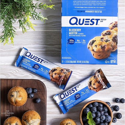 Quest Nutrition Blueberry Muffin Protein Bars, 20g Protein, 2g Sugar, 5g Net Carb, High Fiber, Gluten Free, Keto Friendly, 12 Count