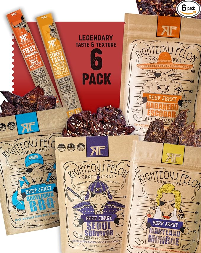 Righteous Felon Beef Jerky & Meat Sticks Variety Pack | Gluten Free Beef Jerky Snack Packs for Adults | High Protein, Keto, Low Sugar | Made with Premium Meats | Gifts for Men | Spicy Jerky 6 Pack