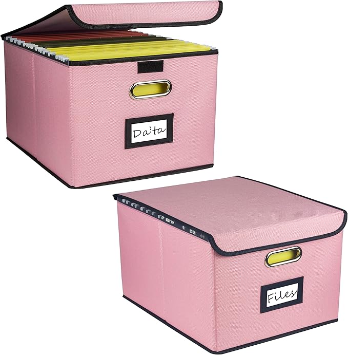 Collapsible File Organizer Box, filing Storage boxes for hanging files with lid, Linen Portable file folder box with handle, Decorative Document Storage Bins for Office/Home/Décor(Pink)