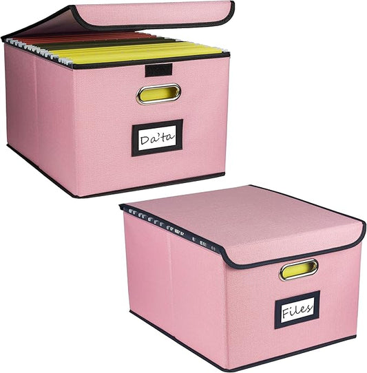 Collapsible File Organizer Box, filing Storage boxes for hanging files with lid, Linen Portable file folder box with handle, Decorative Document Storage Bins for Office/Home/Décor(Pink)