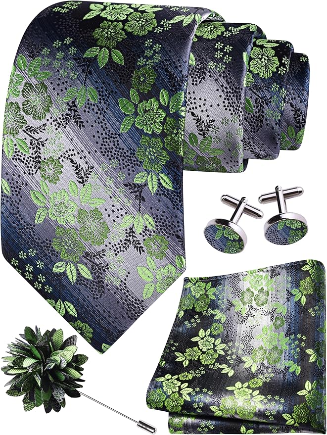 GUSLESON 3.15"（8cm） Mens Floral Tie and Lapel Pin Necktie Hankerchief Cufflinks Set for Men
