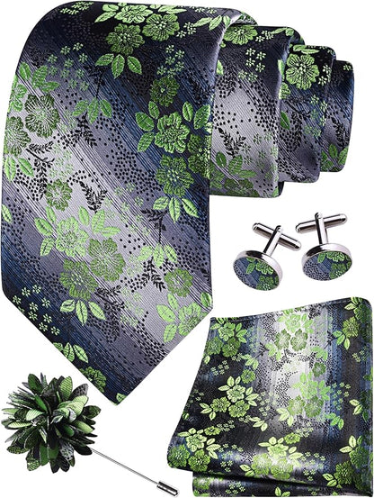 GUSLESON 3.15"（8cm） Mens Floral Tie and Lapel Pin Necktie Hankerchief Cufflinks Set for Men