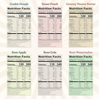 Candy Dates, Variety, 6-3.5 Ounce Bags (Creamy Peanut Butter, Cookie Dough, Sour Apple, Sour Cola, Sour Watermelon, Sweet Peach) - Dates With Candy Flavor, Vegan, No Added Sugar, Gluten Free