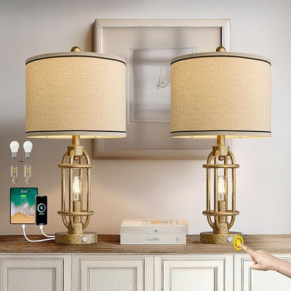 23.75'' Table Lamps Set of 2 for Living Room Bedroom Industrial Farmhouse Metal Touch Lamps with USB A+C Ports, Night Light Vintage Nightstand Bedside Lamp, Bulbs Included, Champagne Gold