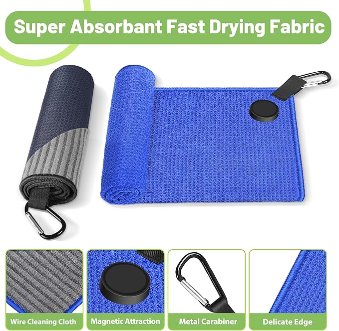 2 Pack Magnetic Golf Towel for Golf Bags with Clips, Wire Cleaning Cloth, Ultra Absorbent Microfiber, Waffle Pattern Towel with Magnet for Men Women, Accessories for Carts or Clubs