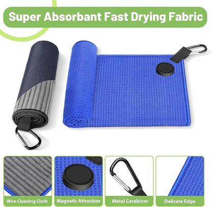 2 Pack Magnetic Golf Towel for Golf Bags with Clips, Wire Cleaning Cloth, Ultra Absorbent Microfiber, Waffle Pattern Towel with Magnet for Men Women, Accessories for Carts or Clubs
