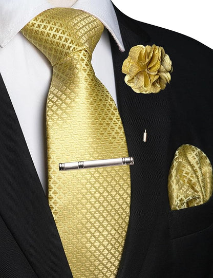 JEMYGINS Mens Solid Color Plaid Tie and Lapel Pin Necktie Pocket Square and Tie Clip with Sets for Business Casual 4PCS