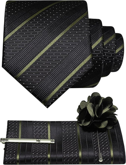 JEMYGINS Mens Striped Tie and Lapel Pin Necktie Pocket Square with Tie Clip Sets for Business Casual 4PCS