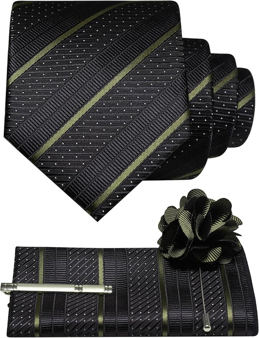 JEMYGINS Mens Striped Tie and Lapel Pin Necktie Pocket Square with Tie Clip Sets for Business Casual 4PCS
