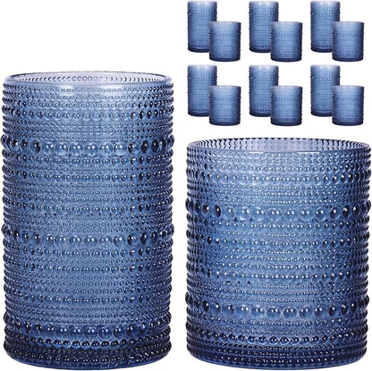 Moretoes Hobnail Drinking Glasses, 12 Piece Blue Water Glass Cups, Mixed Vintage Glassware Set, 6pcs 12oz Highballs and 6pcs 10oz old Fashioned Glasses, Great for Cocktail, Whisky and other Beverages