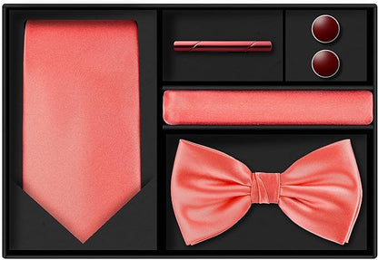 TIE G 5pcs Tie Set in WHITE OR BLACK GIFT BOX: Solid Color Necktie, Satin Bow Tie, Pocket Square, Lapel, Cuff Links