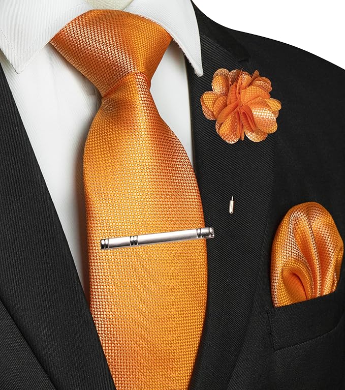JEMYGINS Mens Tie and Lapel Pin with Pocket Square Tie Clip Sets for Casual and Business 4PCS