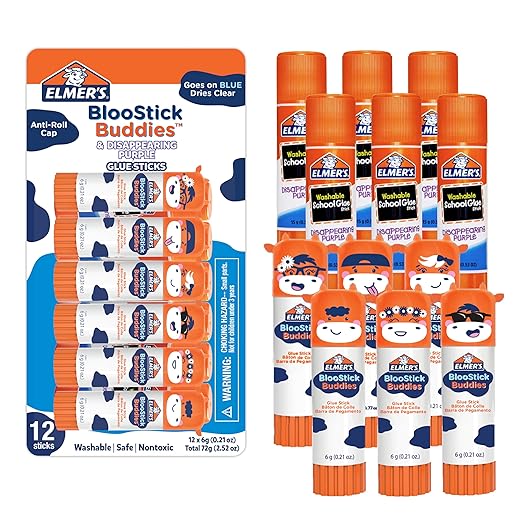 Elmer's Glue Sticks Combo Pack, BlooStick Buddies and Disappearing Purple, 6g, 12 Count, #1 Teacher Brand - Kids School Supplies, Stocking Stuffers, Holiday Gift, Arts & Crafts