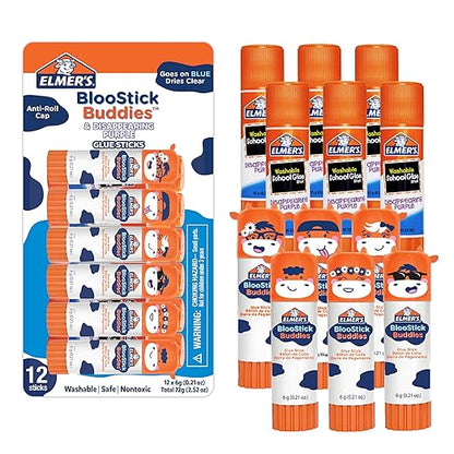 Elmer's Glue Sticks Combo Pack, BlooStick Buddies and Disappearing Purple, 6g, 12 Count, #1 Teacher Brand - Kids School Supplies, Stocking Stuffers, Holiday Gift, Arts & Crafts