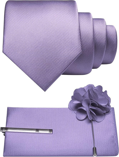 JEMYGINS Formal Necktie Solid Color Tie and Pocket Square with Tie Clip Lapel Pin Sets for Men 4PCS