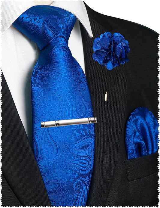 JEMYGINS Mens Paisley Tie and Lapel Pin Necktie Pocket Square and Tie Clip with Sets for Business Casual 4PCS