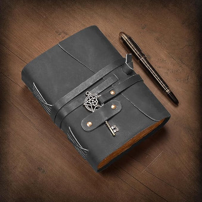 LEATHER VILLAGE Leather Bound Vintage Journal for Women & Men - 7"X5"(A7), Distressed Black, 200 Pages of Handmade Deckle Edges Watercolor Paper - Antique Lock Closure - Book of Shadow