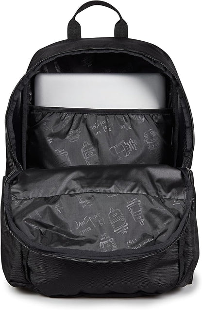 JanSport Venture Daypack – Travel Pack With Large Main Compartment, Padded Laptop Sleeve, Dual Water Bottle Pockets, and Attachment Buckles, Black