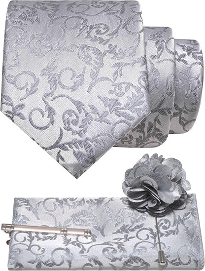 JEMYGINS Mens Floral Tie and Lapel Pin Necktie Pocket Square and Tie Clip with Sets for Business Casual 4PCS