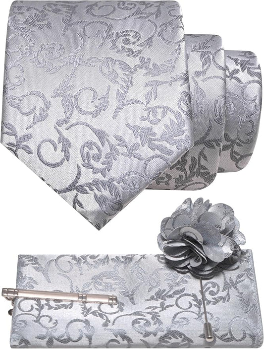 JEMYGINS Mens Floral Tie and Lapel Pin Necktie Pocket Square and Tie Clip with Sets for Business Casual 4PCS