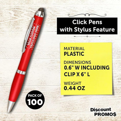 DISCOUNT PROMOS Custom Plastic Stylus Pens Set of 100, Personalized Bulk Pack - Black Ink, Great for Office, School, Business, Tradeshows, Events - Red