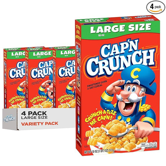 Cap'n Crunch Cereal, Original, Boxes, 18 Oz, Pack of 4