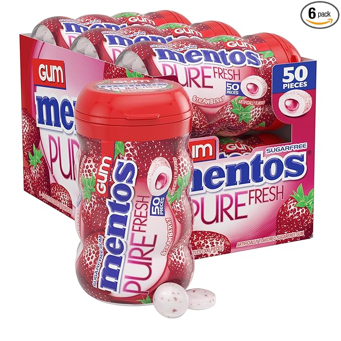 Mentos Pure Fresh Holiday Sugar-Free Chewing Gum with Xylitol, Strawberry, Christmas Stocking Stuffers for Adults & Kids, 50 Piece Bottle (Bulk Pack of 6)